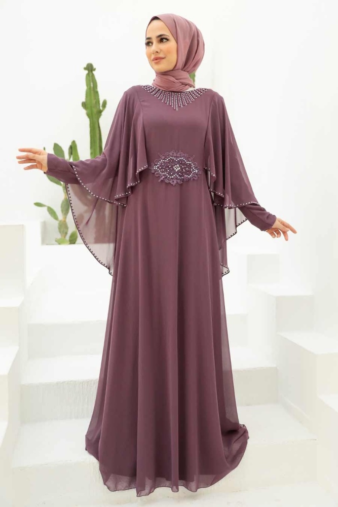 Neva Style - Pelerinli Koyu Gül Kurusu Tesettür Abiye Elbise 91501KGK - 1