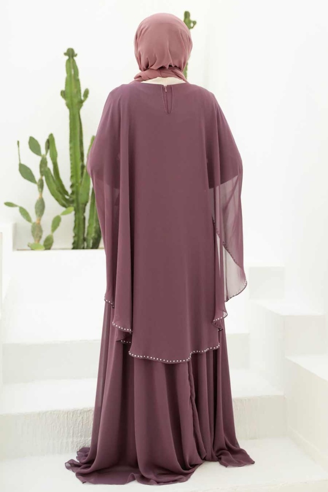 Neva Style - Pelerinli Koyu Gül Kurusu Tesettür Abiye Elbise 91501KGK - 2