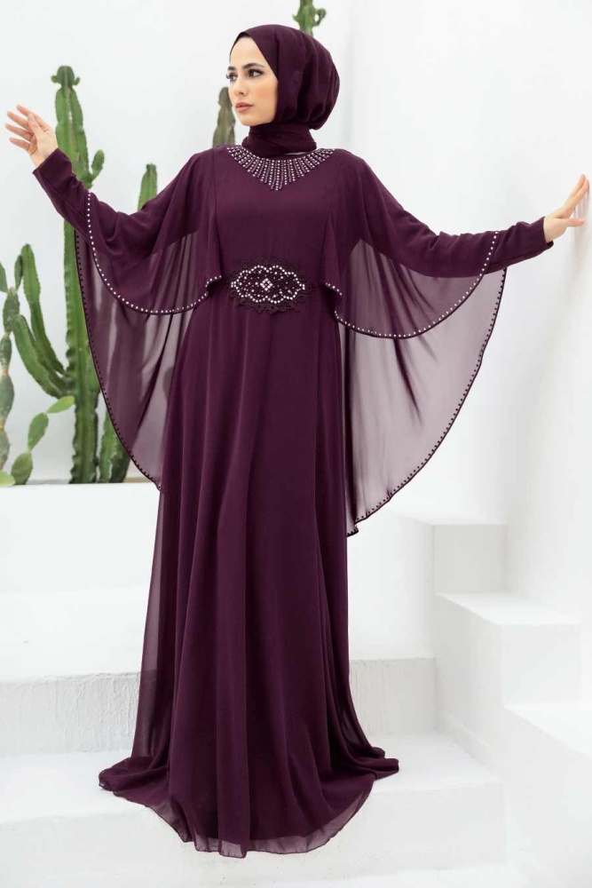 Neva Style - Pelerinli Mor Tesettür Abiye Elbise 91501MOR - 1