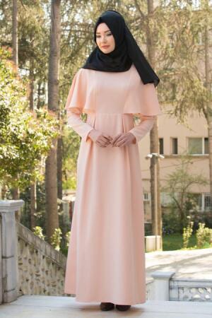 Neva Style - Pelerinli Pudra Tesettür Elbise 6652PD - 1