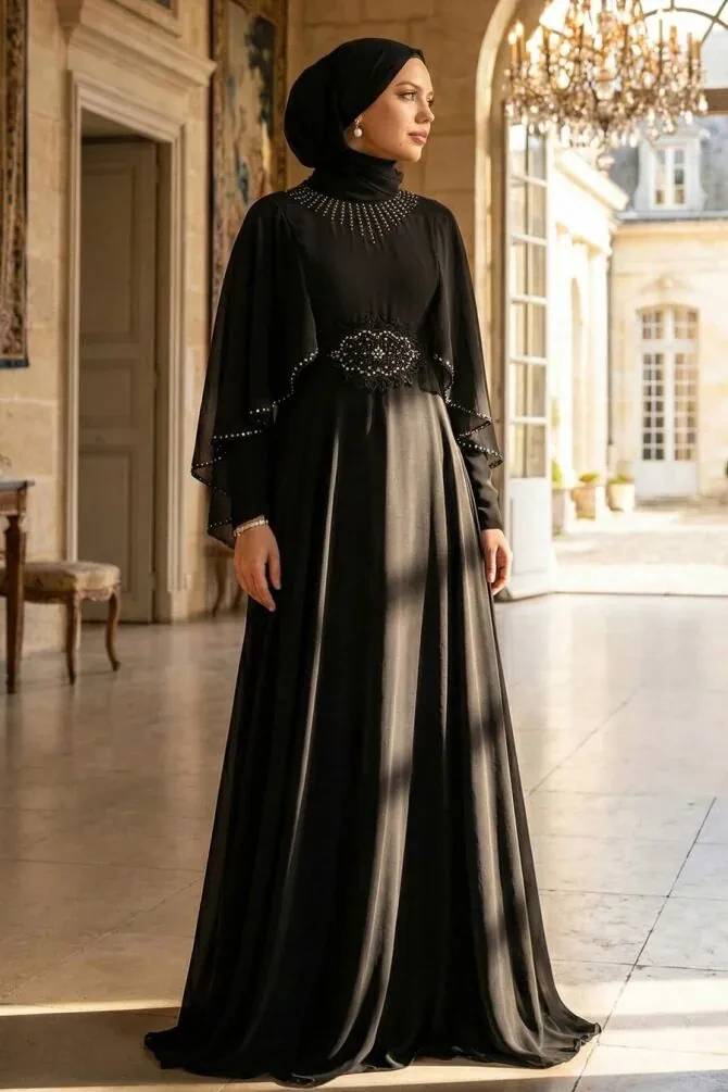 Neva Style - Pelerinli Siyah Tesettür Abiye Elbise 91501S - 1