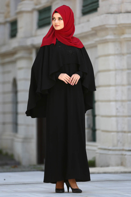 Neva Style - Pelerinli Siyah Tesettür Abiye Elbise 3598S