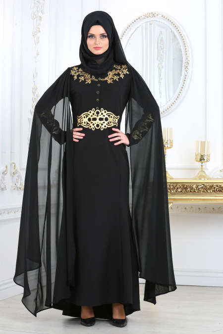 Neva Style - Pelerinli Siyah Tesettür Abiye Elbise 81495S