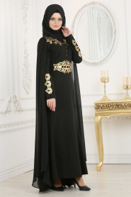 Neva Style - Pelerinli Siyah Tesettür Abiye Elbise 81495S - Thumbnail