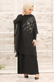 Neva Style - Pelerinli Siyah Tesettür Elbise 3469S - Thumbnail