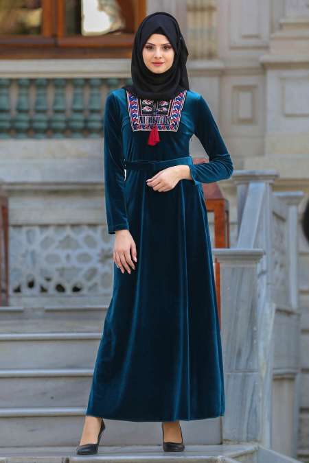 Neva Style - Petrol Blue Hijab Dress 13757PM