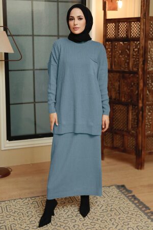 Petrol Blue Hijab Knitwear Suit Dress 34021PM - 1