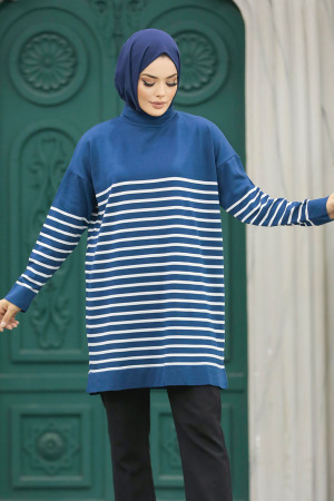 Petrol Blue Knitwear Hijab Tunic 10141PM - 2