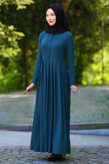 Neva Style - Petrol Mavisi Tesettür Elbise 40680PM