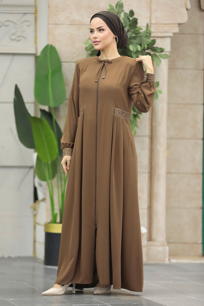 Neva Style - Pile Detaylı Camel Tesettür Ferace 45271C - 1