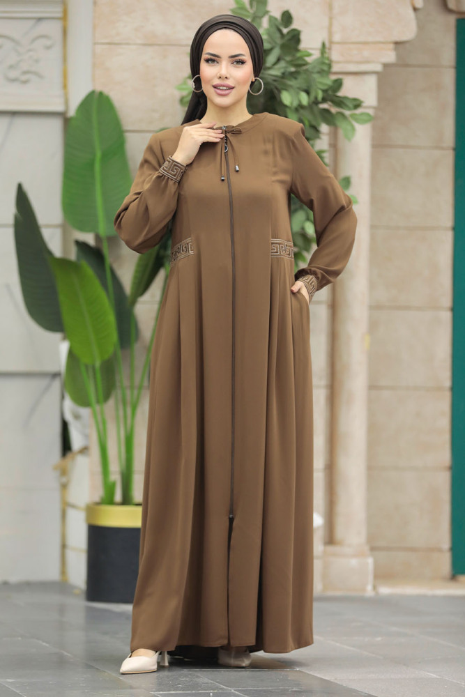 Neva Style - Pile Detaylı Camel Tesettür Ferace 45271C - 3