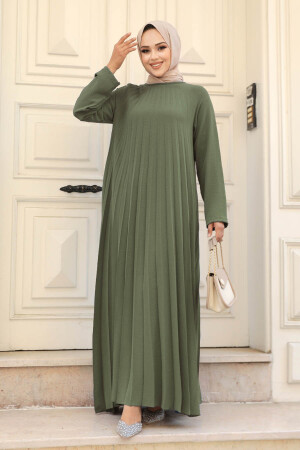 Neva Style - Pileli Açık Haki Tesettür Elbise 76840AHK - 1