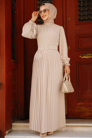 Neva Style - Pileli Bej Tesettür Elbise 1220BEJ - 1