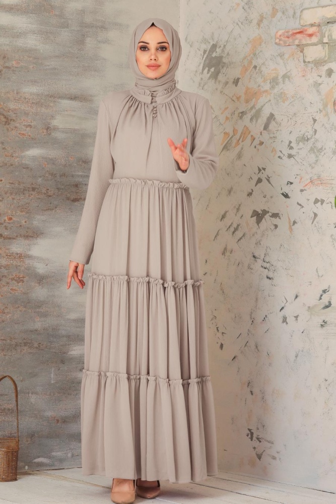 Neva Style - Pileli Bej Tesettür Elbise 2746BEJ - 1
