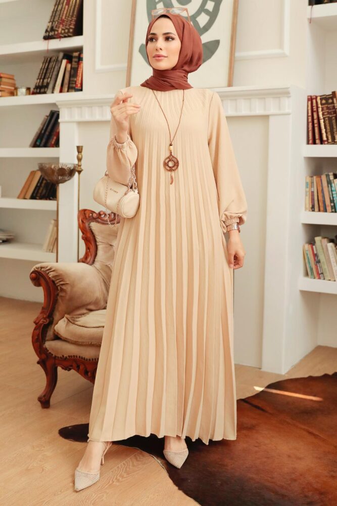 Neva Style - Pileli Bej Tesettür Elbise 30280BEJ - 1