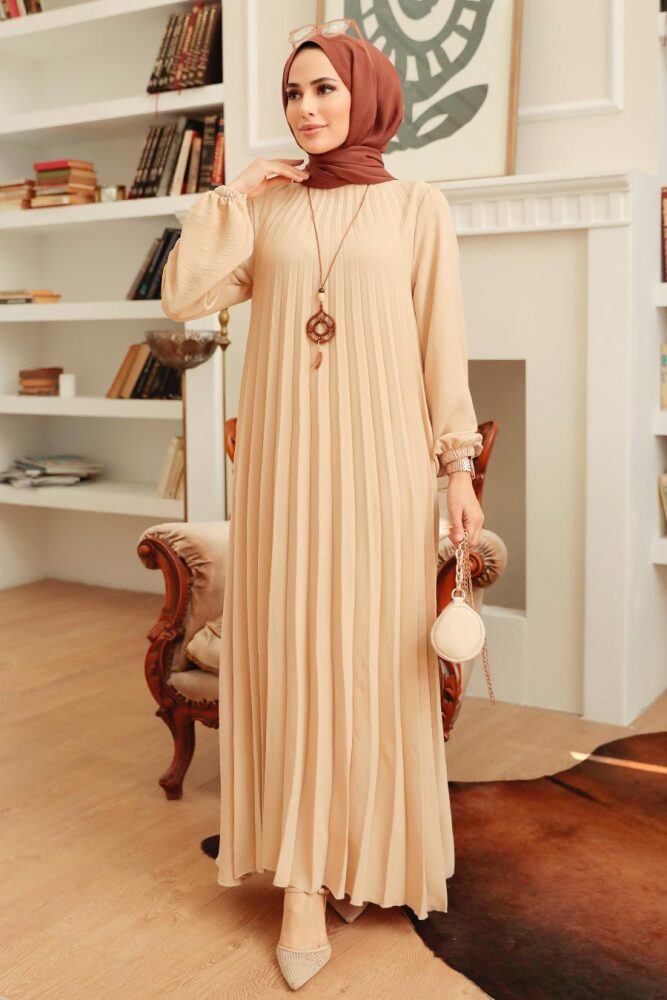 Neva Style - Pileli Bej Tesettür Elbise 30280BEJ - 2
