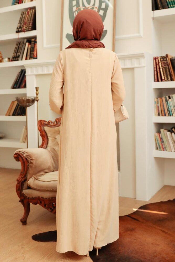 Neva Style - Pileli Bej Tesettür Elbise 30280BEJ - 3