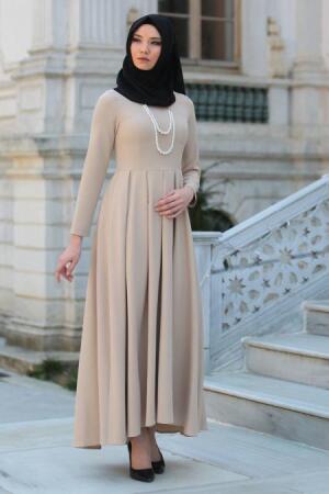 Neva Style - Pileli Bej Tesettür Elbise 41100BEJ - 1