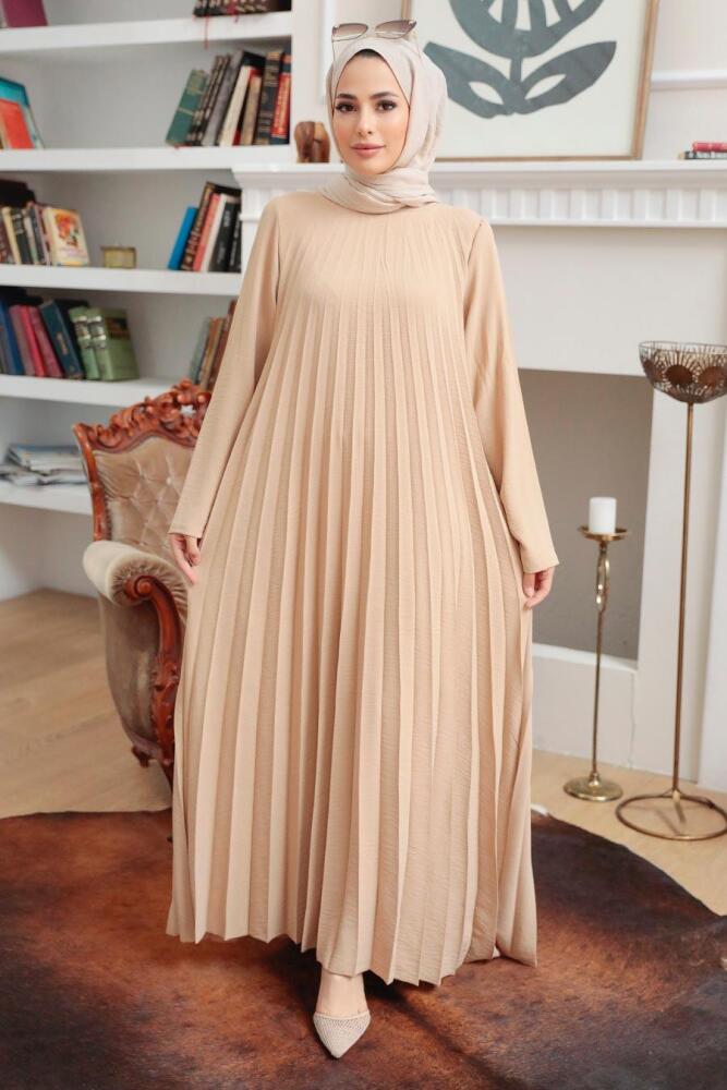 Neva Style - Pileli Bej Tesettür Elbise 76840BEJ - 1