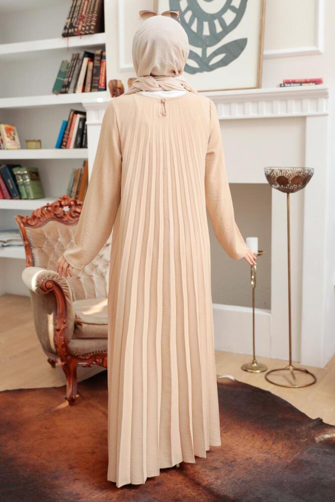 Neva Style - Pileli Bej Tesettür Elbise 76840BEJ - 2