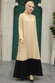 Neva Style - Pileli Bej Tesettür Elbise 76841BEJ - Thumbnail