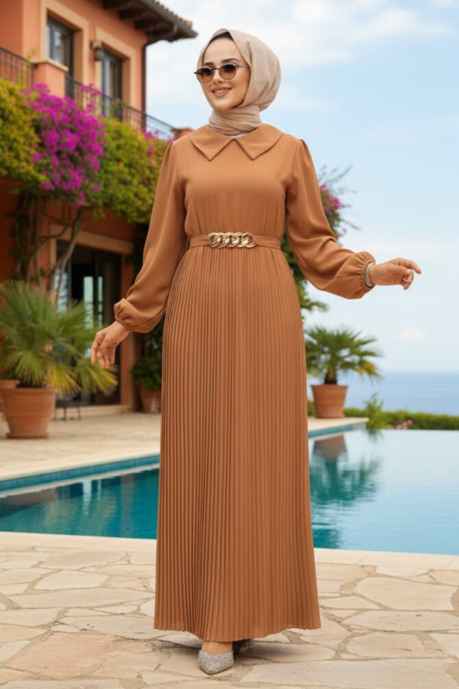  Pileli Bisküvi Tesettür Elbise 34320BS - 1