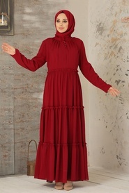 Neva Style - Pileli Bordo Tesettür Elbise 2746BR - Thumbnail