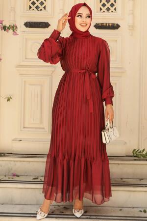Neva Style - Pileli Bordo Tesettür Elbise 3747BR - 1