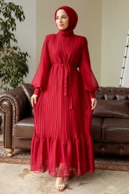 Neva Style - Pileli Bordo Tesettür Elbise 3747BR - Thumbnail
