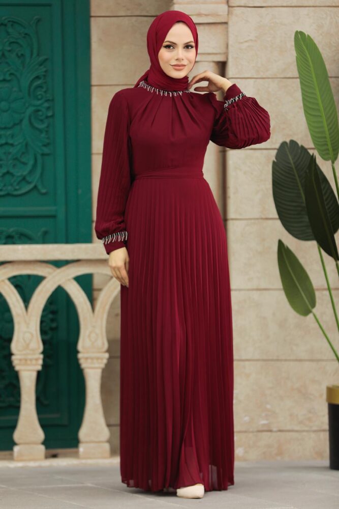 Neva Style - Pileli Bordo Tesettür Elbise 38510BR - 2