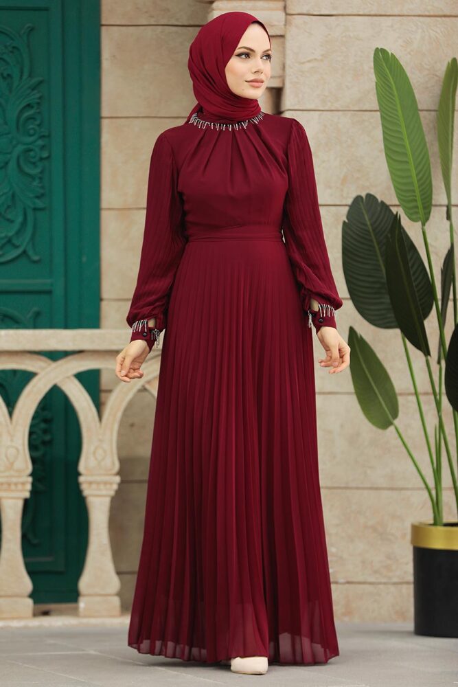 Neva Style - Pileli Bordo Tesettür Elbise 38510BR - 1