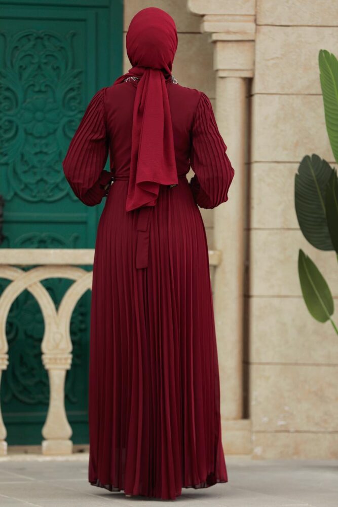 Neva Style - Pileli Bordo Tesettür Elbise 38510BR - 3