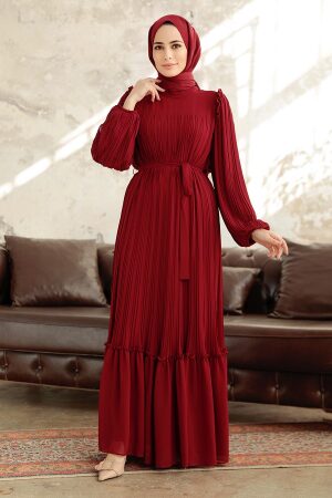  Pileli Bordo Tesettür Elbise 3958BR - 1