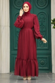 Neva Style - Pileli Bordo Tesettür Elbise 39651BR - Thumbnail