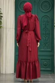 Neva Style - Pileli Bordo Tesettür Elbise 39651BR - Thumbnail