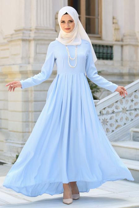 Neva Style - Pileli Buz Mavisi Tesettür Elbise 41100BM