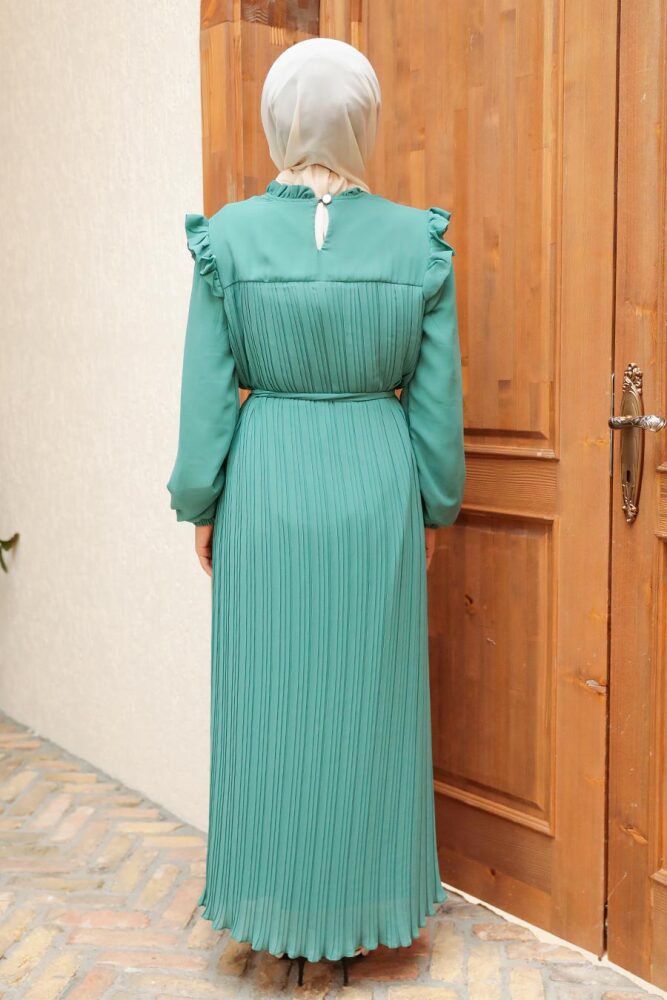 Neva Style - Pileli Çağla Yeşili Tesettür Elbise 1199CY - 2