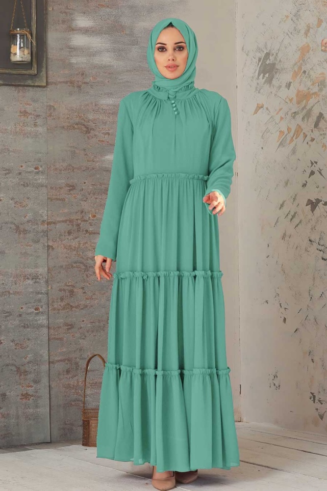  Pileli Çağla Yeşili Tesettür Elbise 2746CY - 1