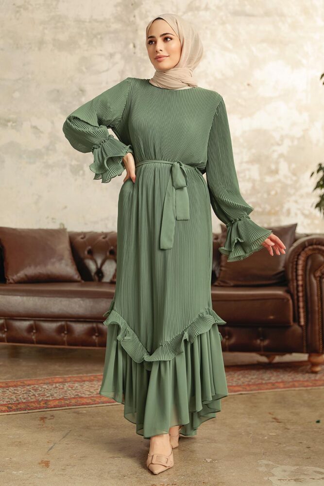 Neva Style - Pileli Çağla Yeşili Tesettür Elbise 3856CY - 1