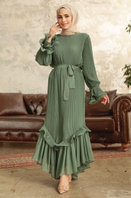 Neva Style - Pileli Çağla Yeşili Tesettür Elbise 3856CY - Thumbnail
