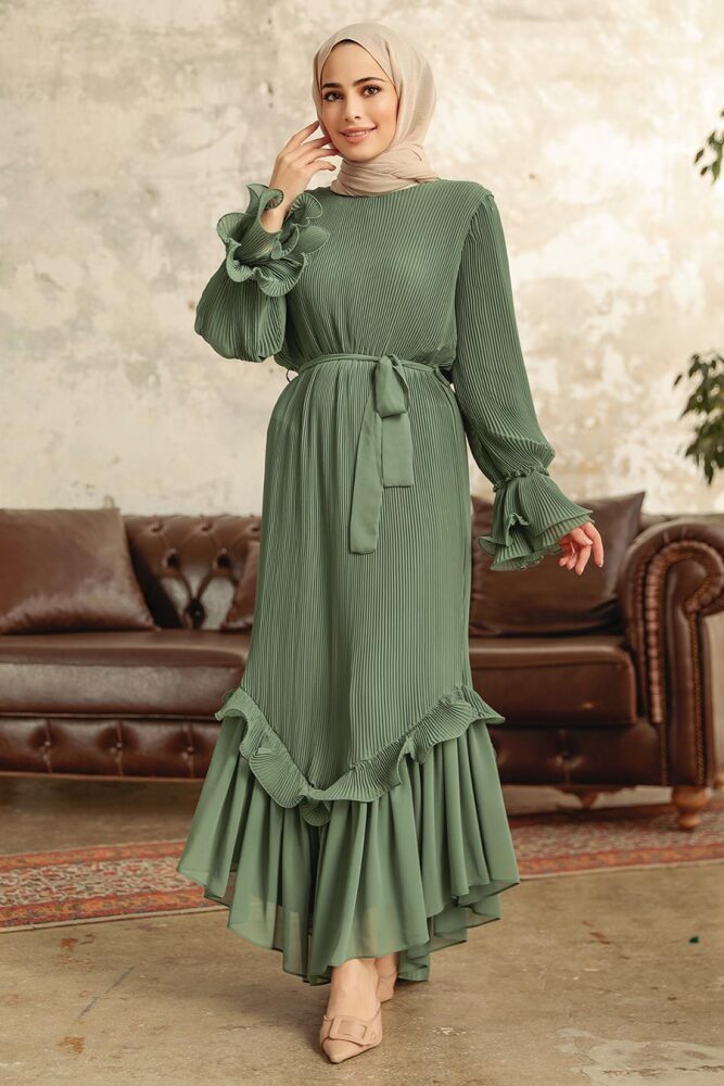 Neva Style - Pileli Çağla Yeşili Tesettür Elbise 3856CY - 2