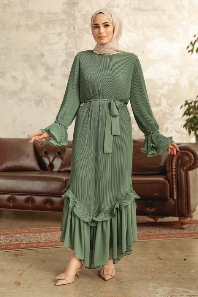 Neva Style - Pileli Çağla Yeşili Tesettür Elbise 3856CY - 3