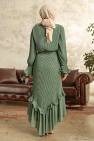Neva Style - Pileli Çağla Yeşili Tesettür Elbise 3856CY - Thumbnail