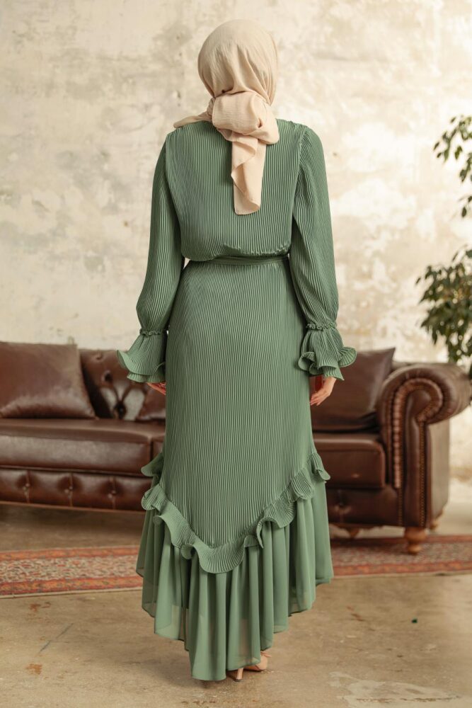 Neva Style - Pileli Çağla Yeşili Tesettür Elbise 3856CY - 4