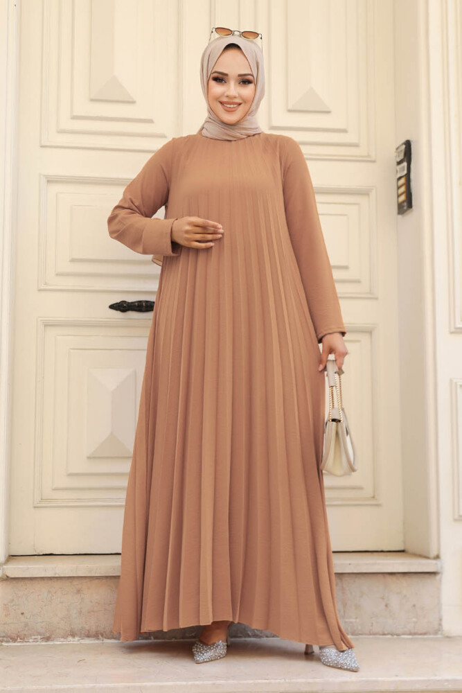 Neva Style - Pileli Camel Tesettür Elbise 76840C - 1