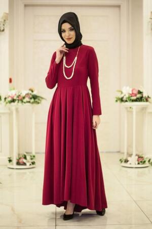 Neva Style - Pileli Fuşya Tesettür Elbise 41100F - 1