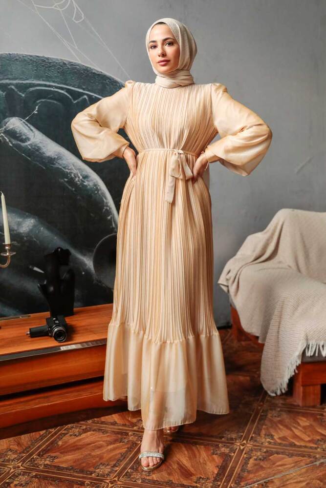 Neva Style - Pileli Gold Tesettür Elbise 3747GOLD - 1
