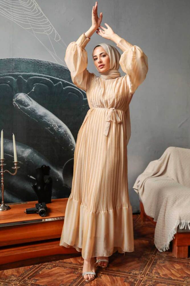 Neva Style - Pileli Gold Tesettür Elbise 3747GOLD - 4