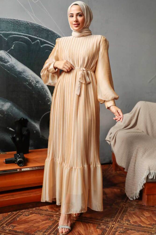 Neva Style - Pileli Gold Tesettür Elbise 3747GOLD - 2