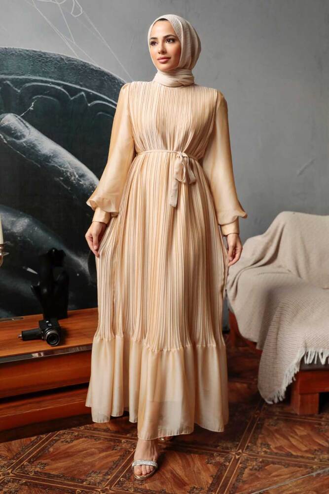 Neva Style - Pileli Gold Tesettür Elbise 3747GOLD - 3